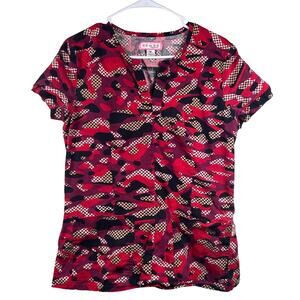 Koi by Kathy Peterson Scrub Top Size M Camo Print V-Neck Short Sleeve Red